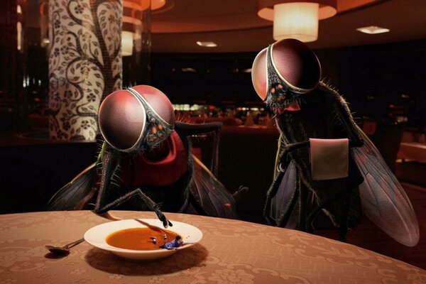 A man in soup in a fly restaurant