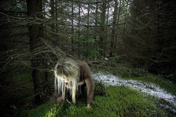 Chica en el bosque de abeto