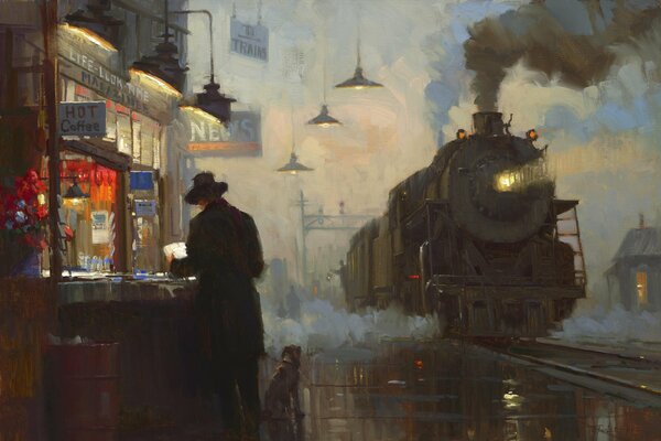 Oil painting. Arrival of the train at the station