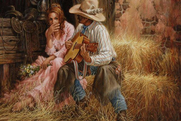 A man sings songs on a guitar to a red-haired beauty