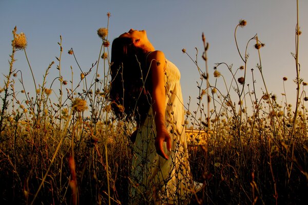 La jeune fille dans un champ au coucher du soleil