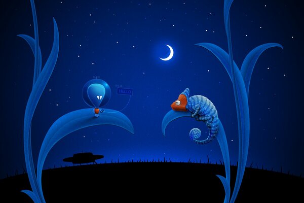 Рисунок синий луна и хамелеое