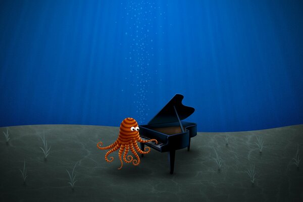 Octopus on the bottom playing the piano drawing