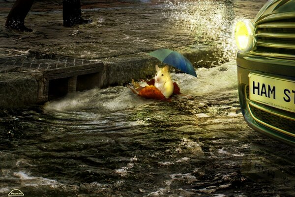 Hamster nage sur un matelas dans une ville inondée