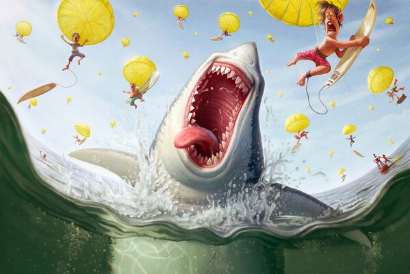 The shark opened its mouth, people on parachutes flew apart