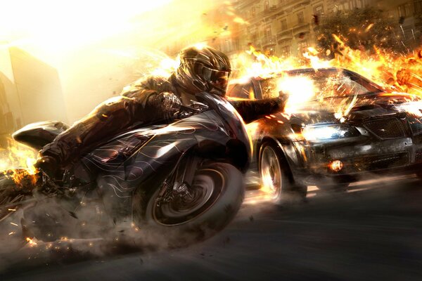 Взрыв машины и мотоцикла