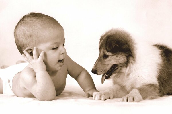 Black and white photo of a baby and a puppy