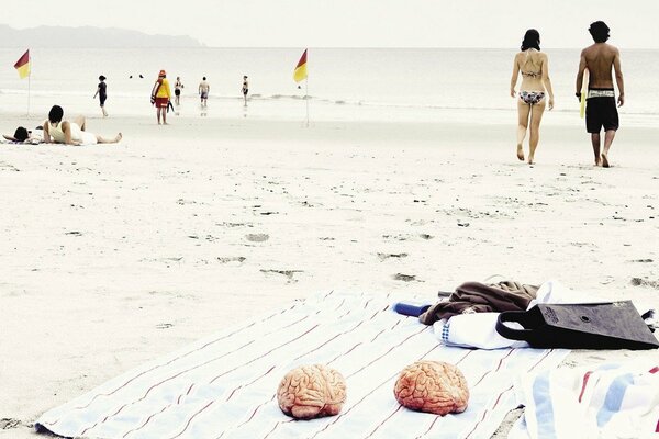 Sunbathing brain on the beach by the sea