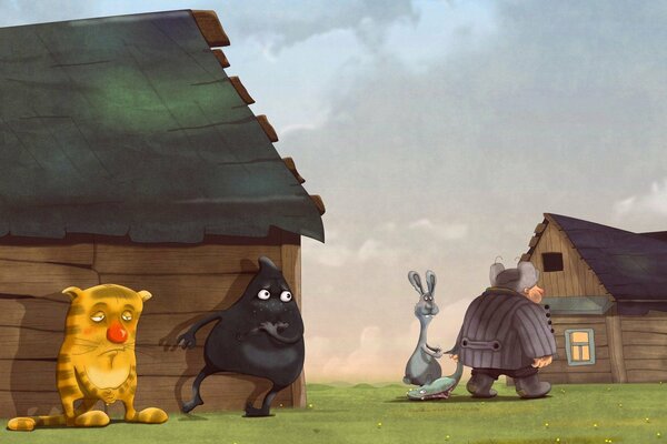 Cartoon animals hide from a man