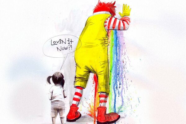 Der Clown von McDonalds macht dem Regenbogen übel. Mädchen in der Nähe