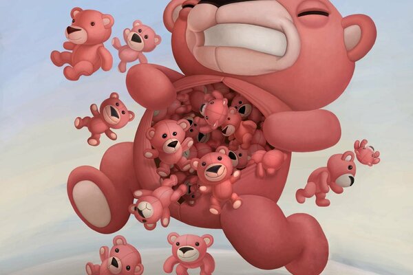 Pink bear with little cubs in its belly