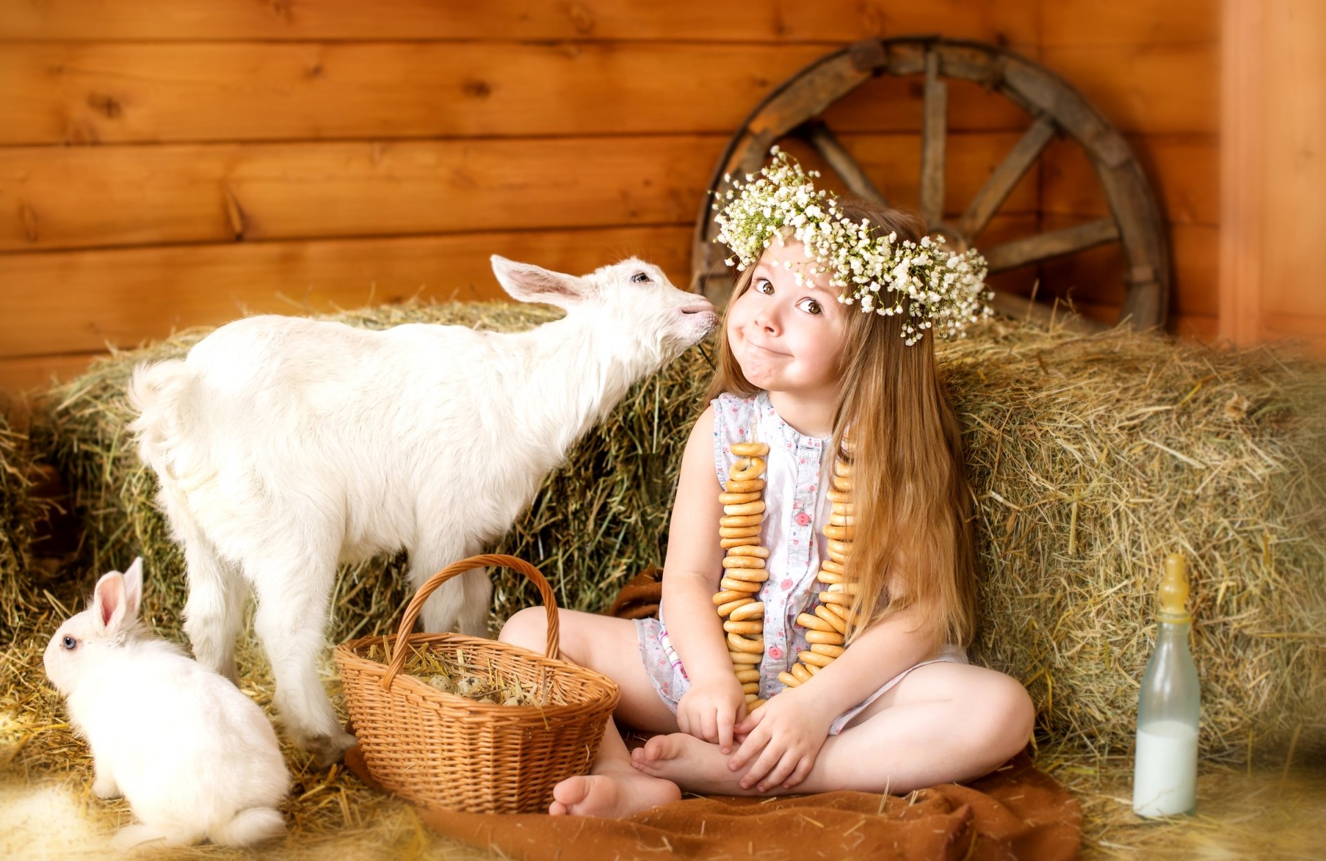 le bonheur la fille la couronne le séchage le lapin le foin l enfance le lait le panier des œufs des mimiques grimaces la roue les animaux les tout-petits