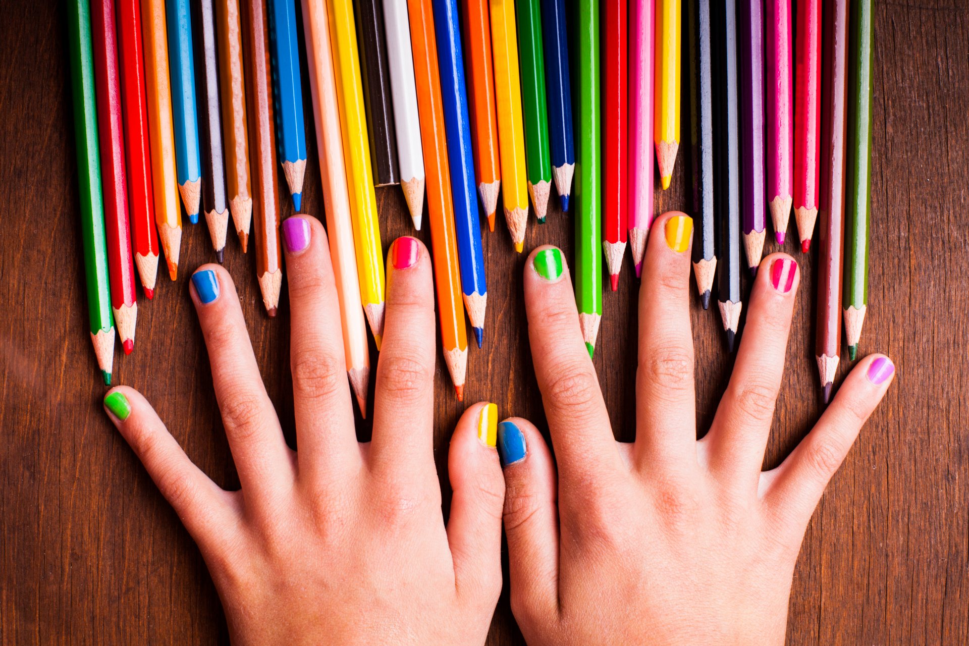 rainbow pencils colors girl teenager hands nails colorful crayons paint