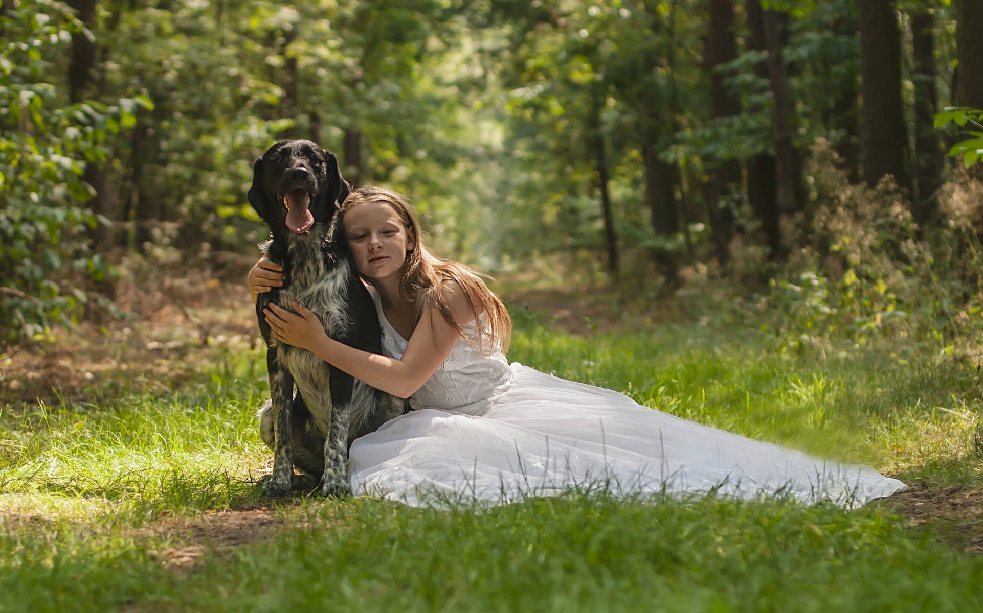 girl dog friends friendship dress forest