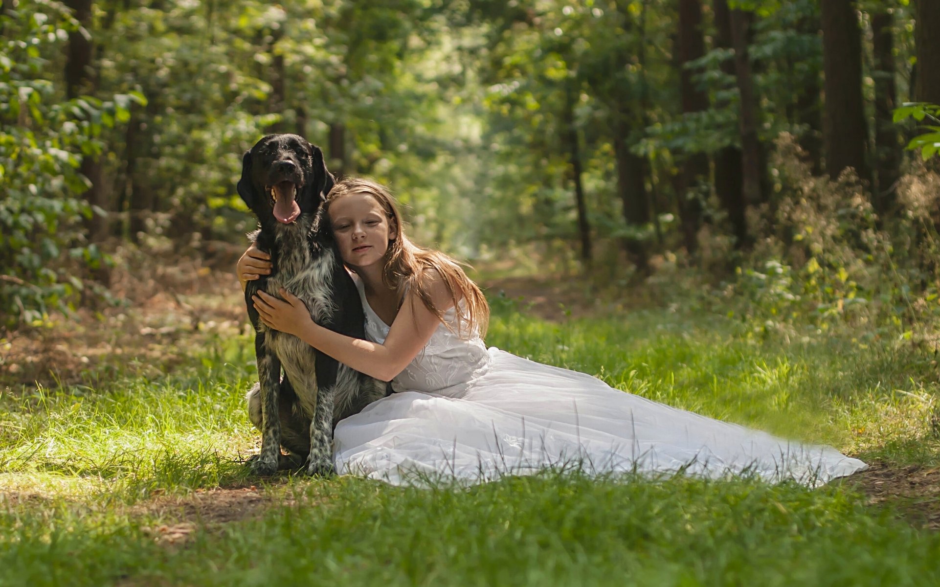 mädchen hund freunde freundschaft kleid wald