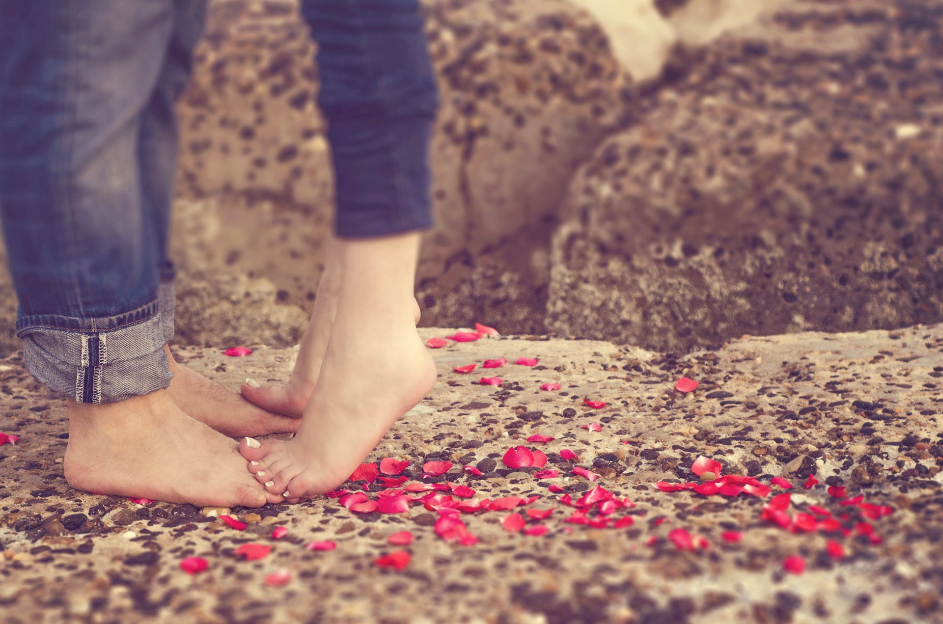 love romantic happy man couple petals feet