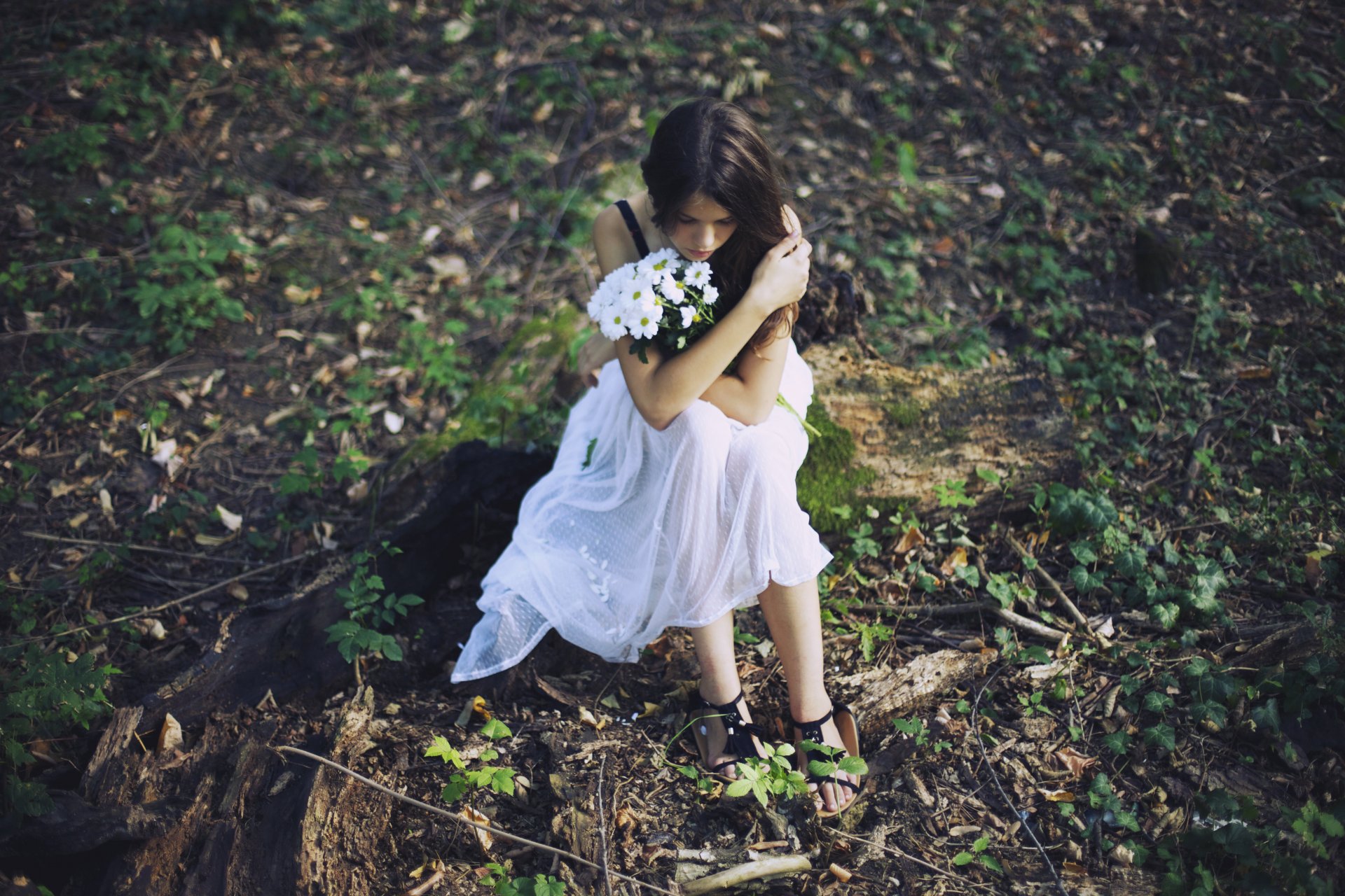 la jeune fille la forêt les fleurs