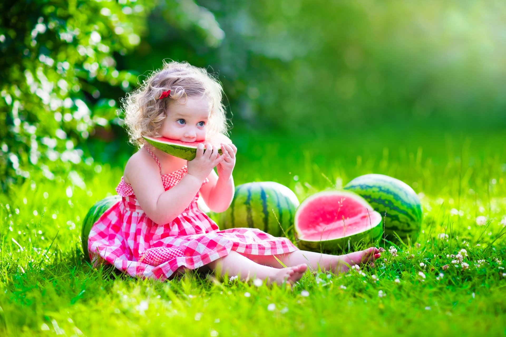 bambino ragazza vestito felice bella estate anguria estate sole radura