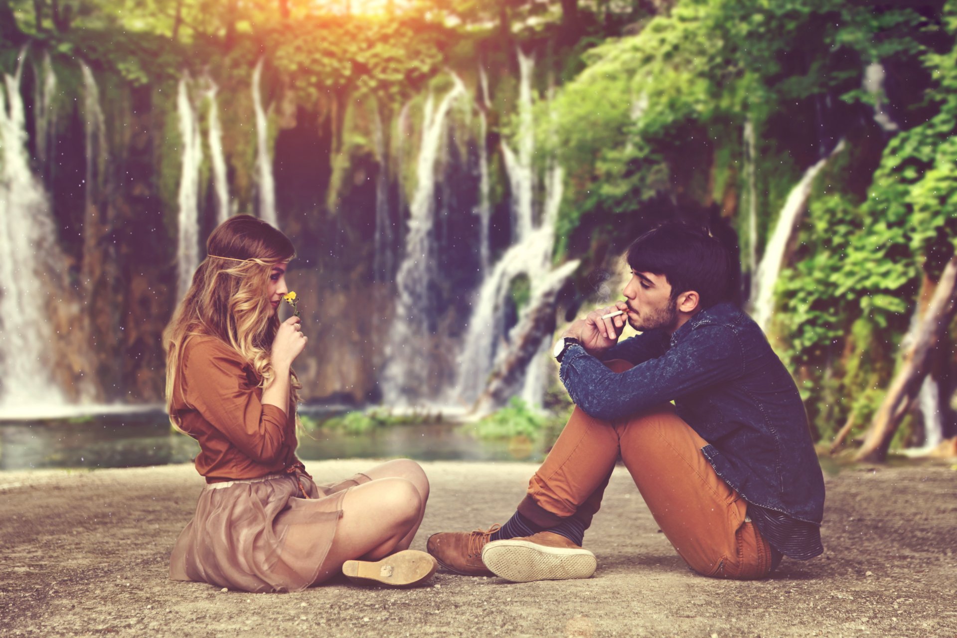 photographer alessandro di cicco photo girl guy the pair men a woman watch each other waterfall cigarette flower