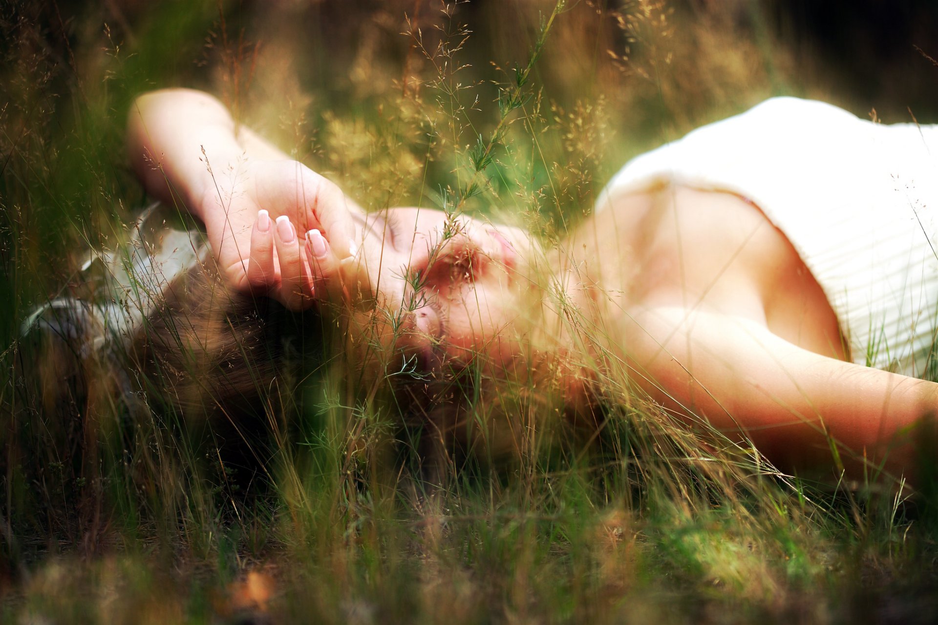 girl brown hair grass nature