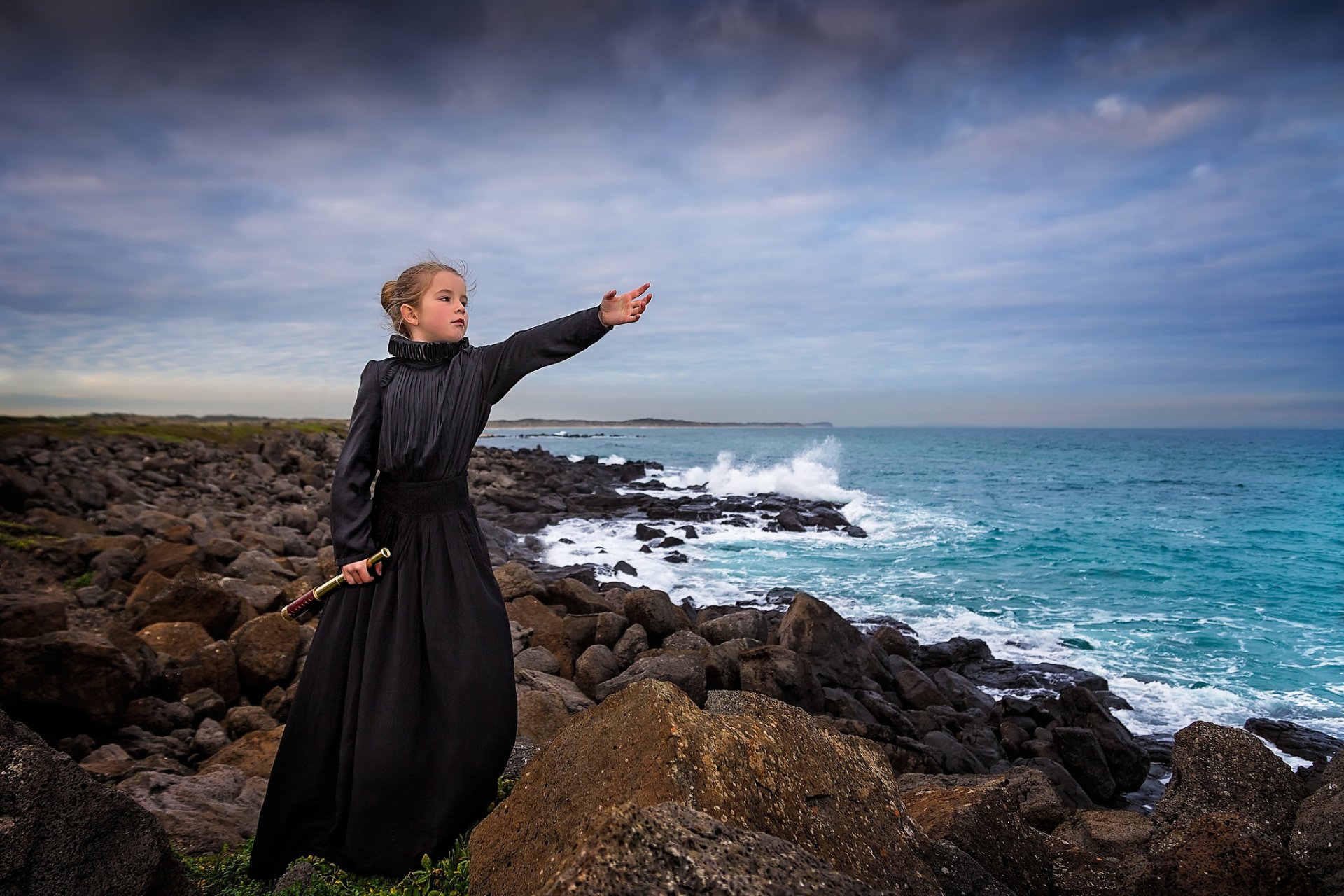 girl dress telescope sea stones coast expectation
