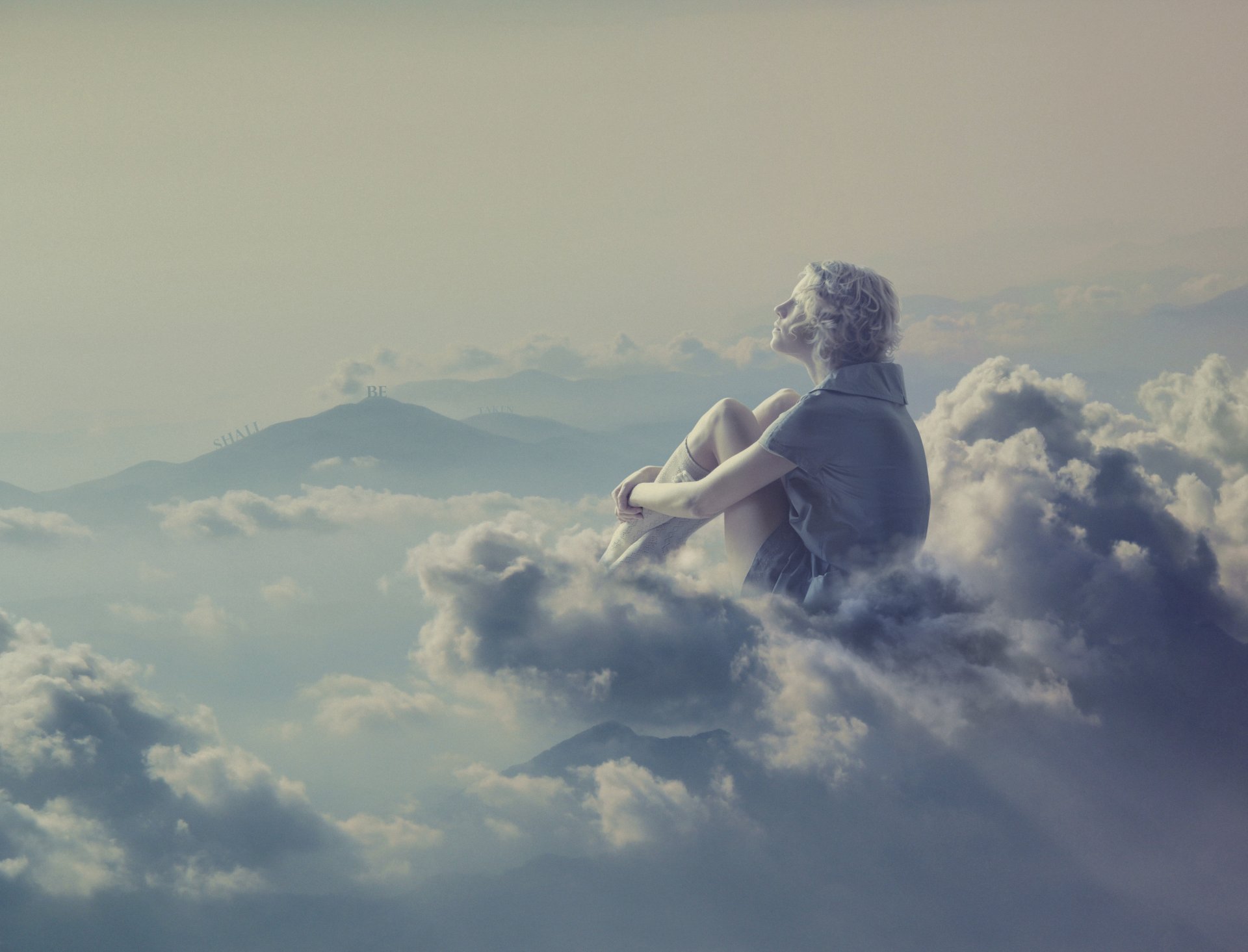 creative girl blonde clouds thoughtful fantasy