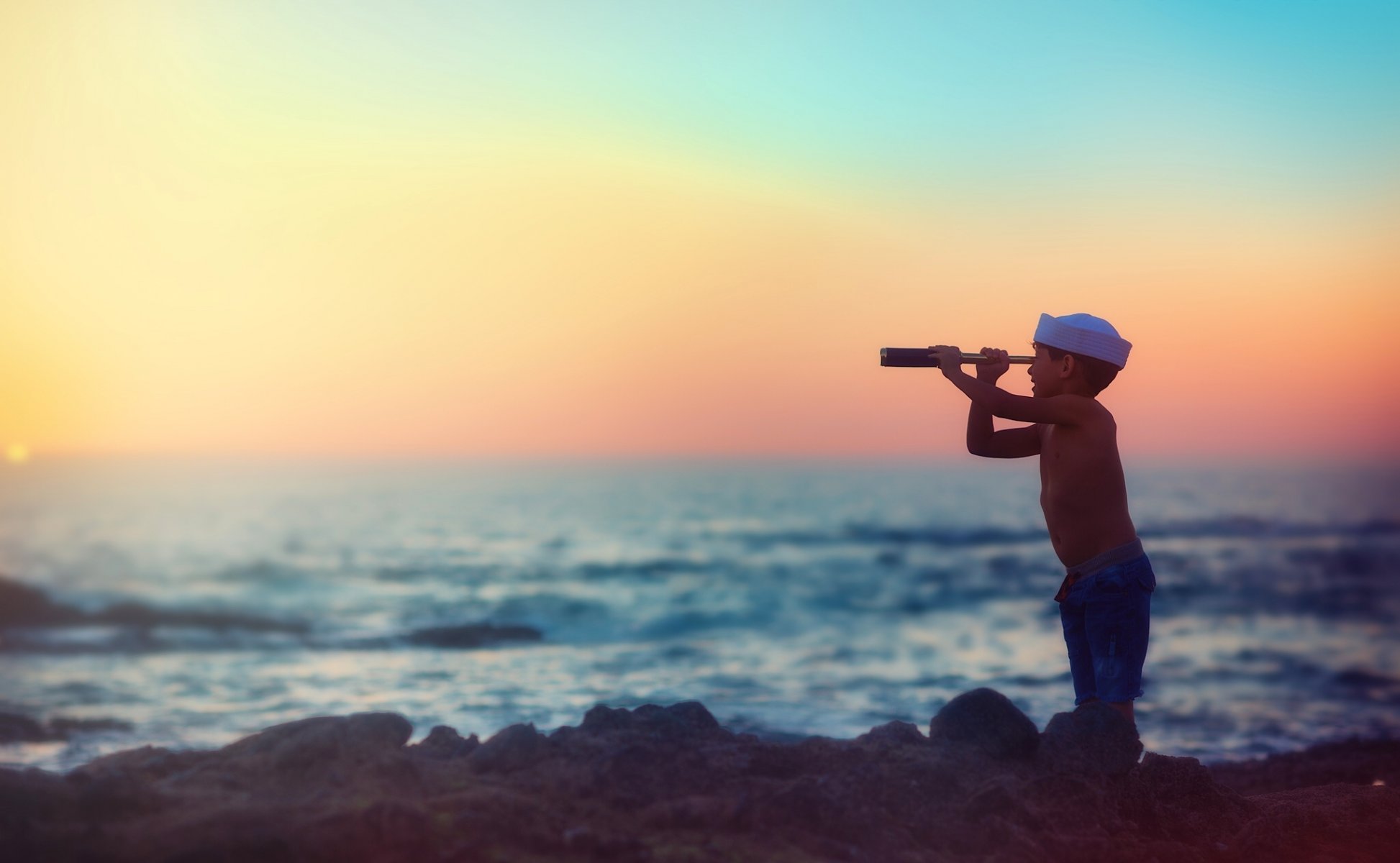 boys sea sunset telescope