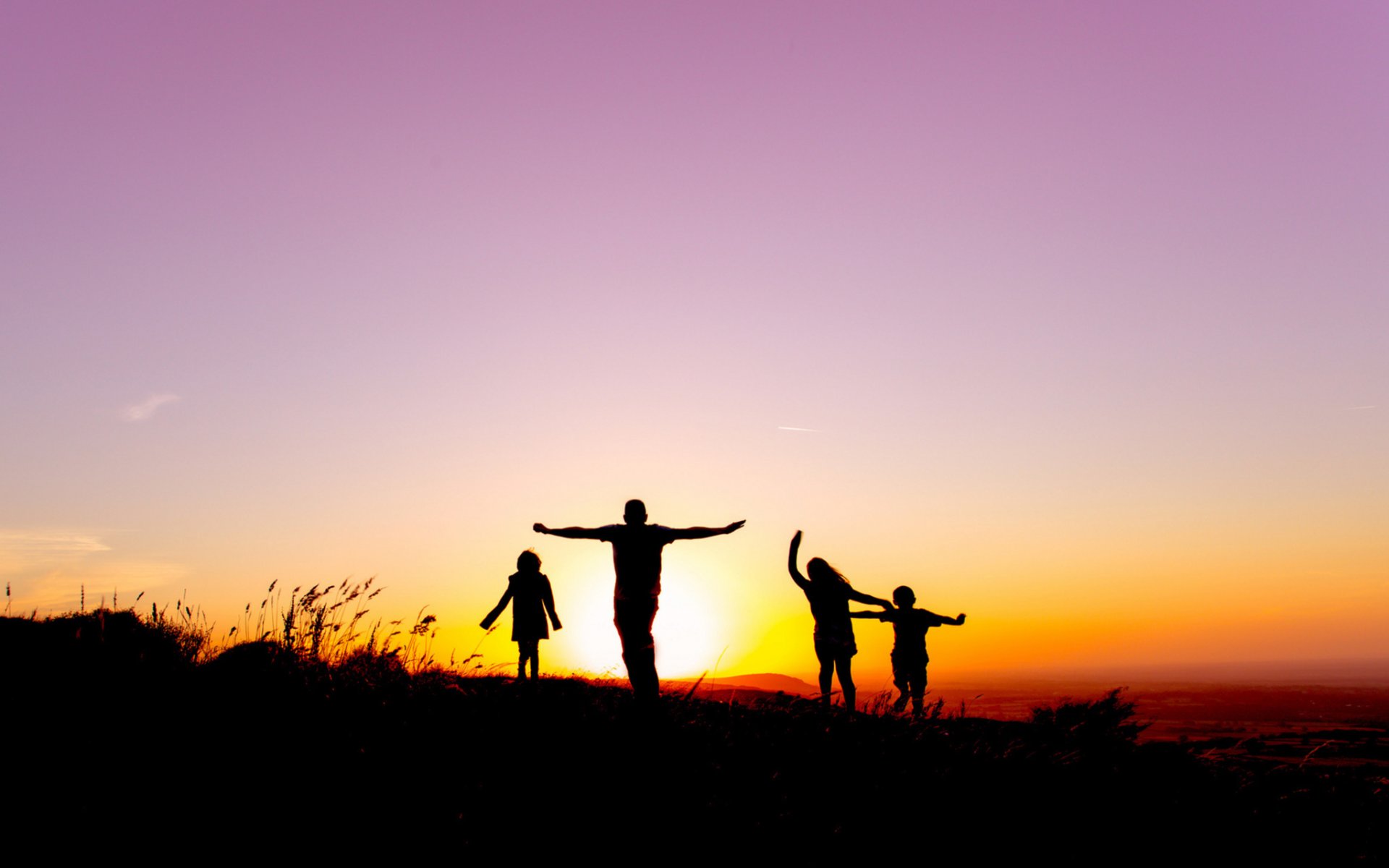 hall people children silhouettes sky dawn sunset