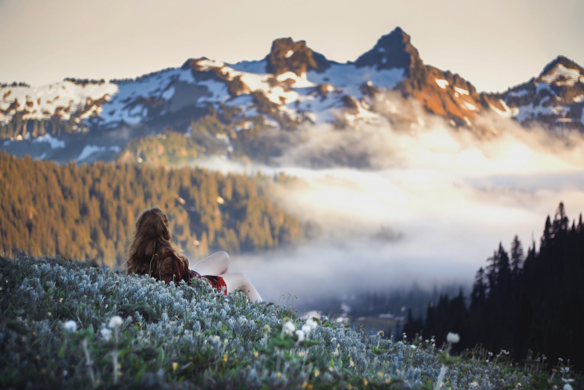 ragazza montagne erba fiori cielo nuvole neve alberi