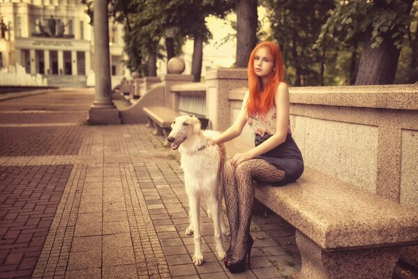 Rousse fille sur le banc avec un chien