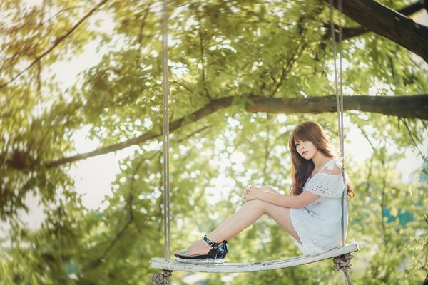 Girl on a rope swing on a tree