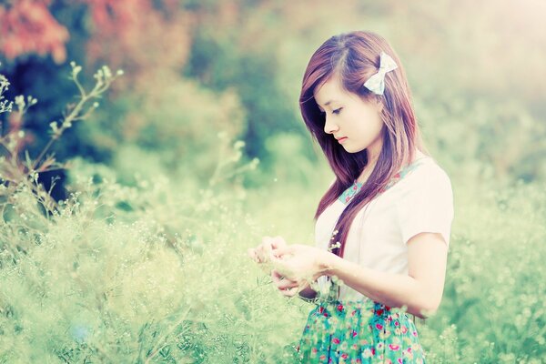 Belle fille sur la Prairie de fleurs