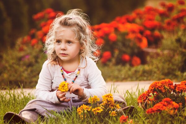 Niña sentada en la hierba entre las flores rojas