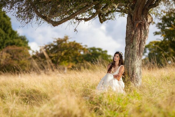 A girl is sitting by a tree in the grass