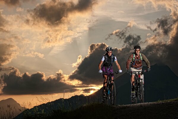 Tourists on bicycles enjoy the evening nature