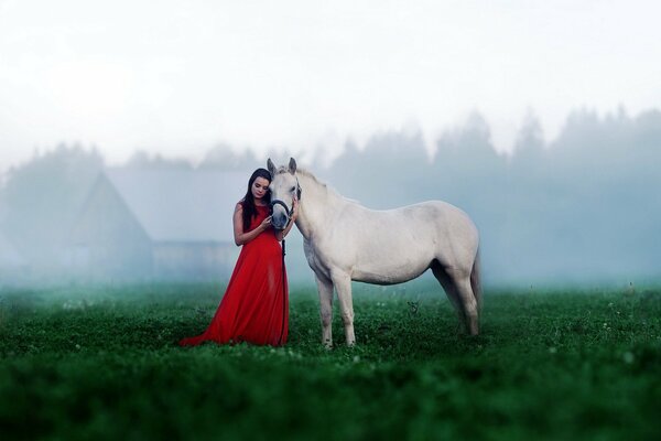 Ragazza in abito rosso con cavallo bianco