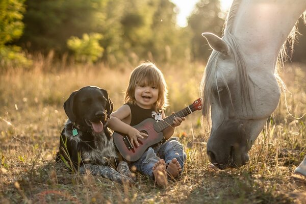 Kind mit Gitarre mit Hund und Pferd Freunden