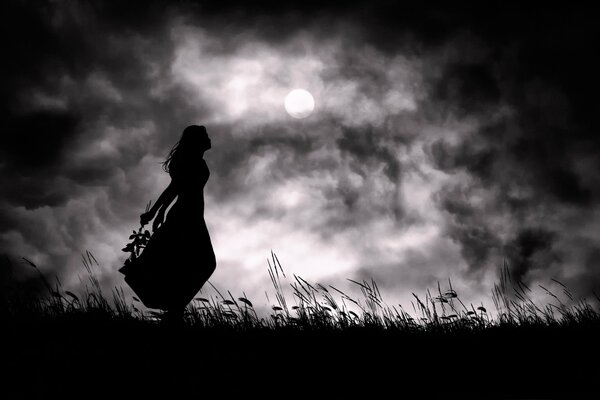 La silhouette noire d une fille sur fond de pleine lune