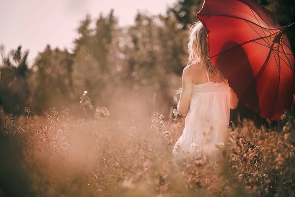 Mädchen mit einem roten Regenschirm in einem weißen Kleid auf einem Waldhintergrund