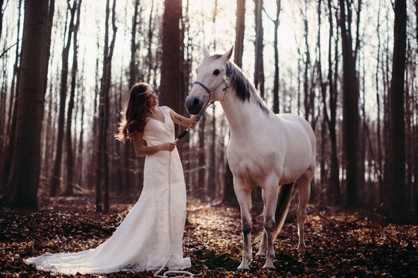 A girl in a white dress with a white horse