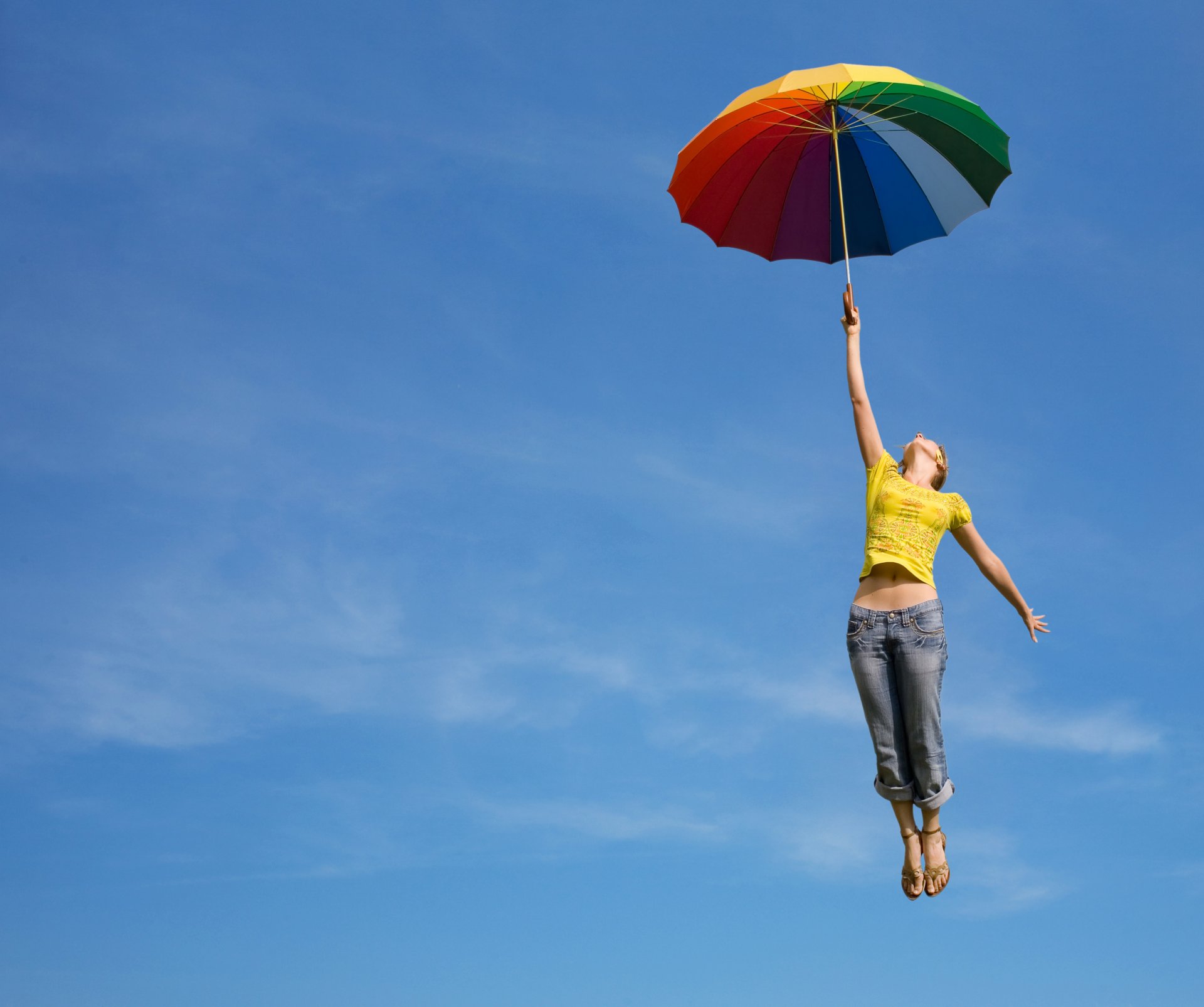 girl umbrella sky flight bright