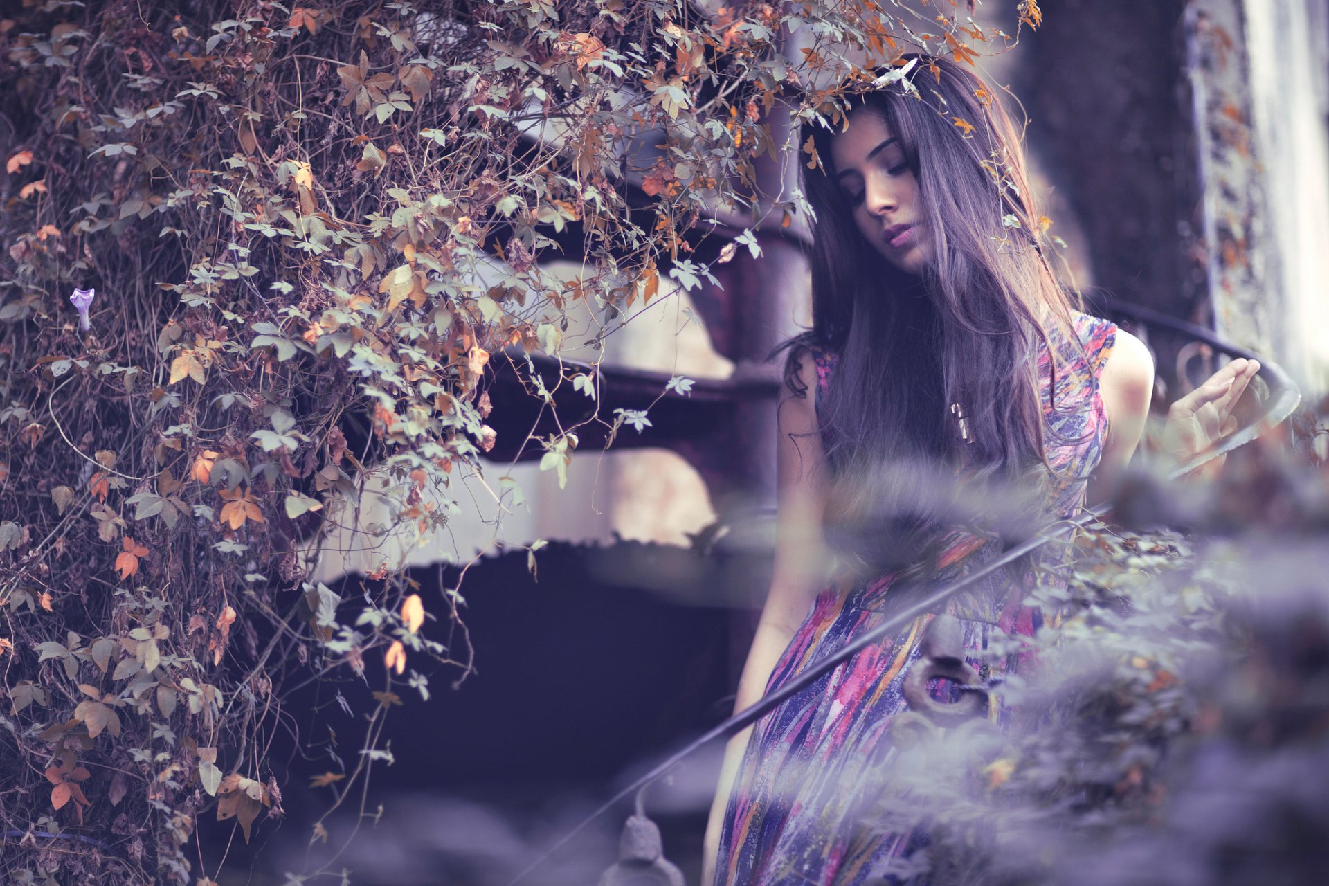 portrait bokeh dress leaves girl