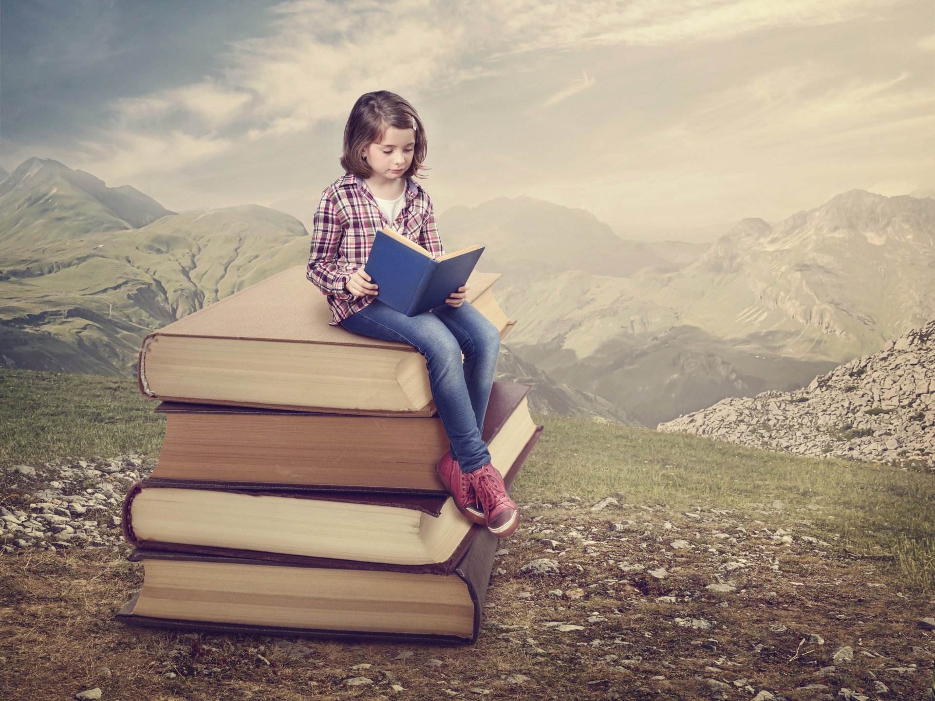 girl books reading mountain nature