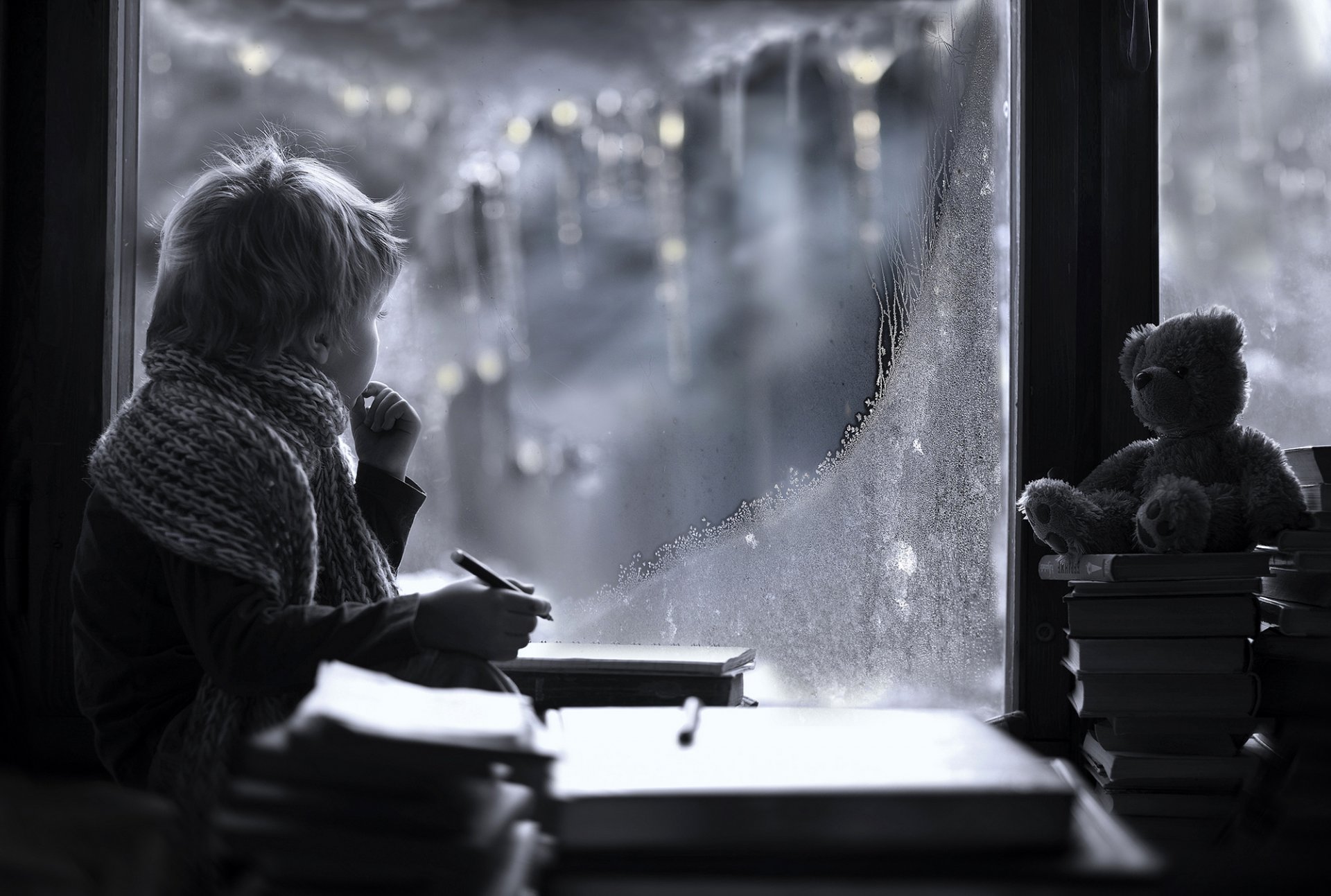 niño niño bufanda mirada ventana invierno escarcha lápiz libros oso de peluche juguete elena shumilova