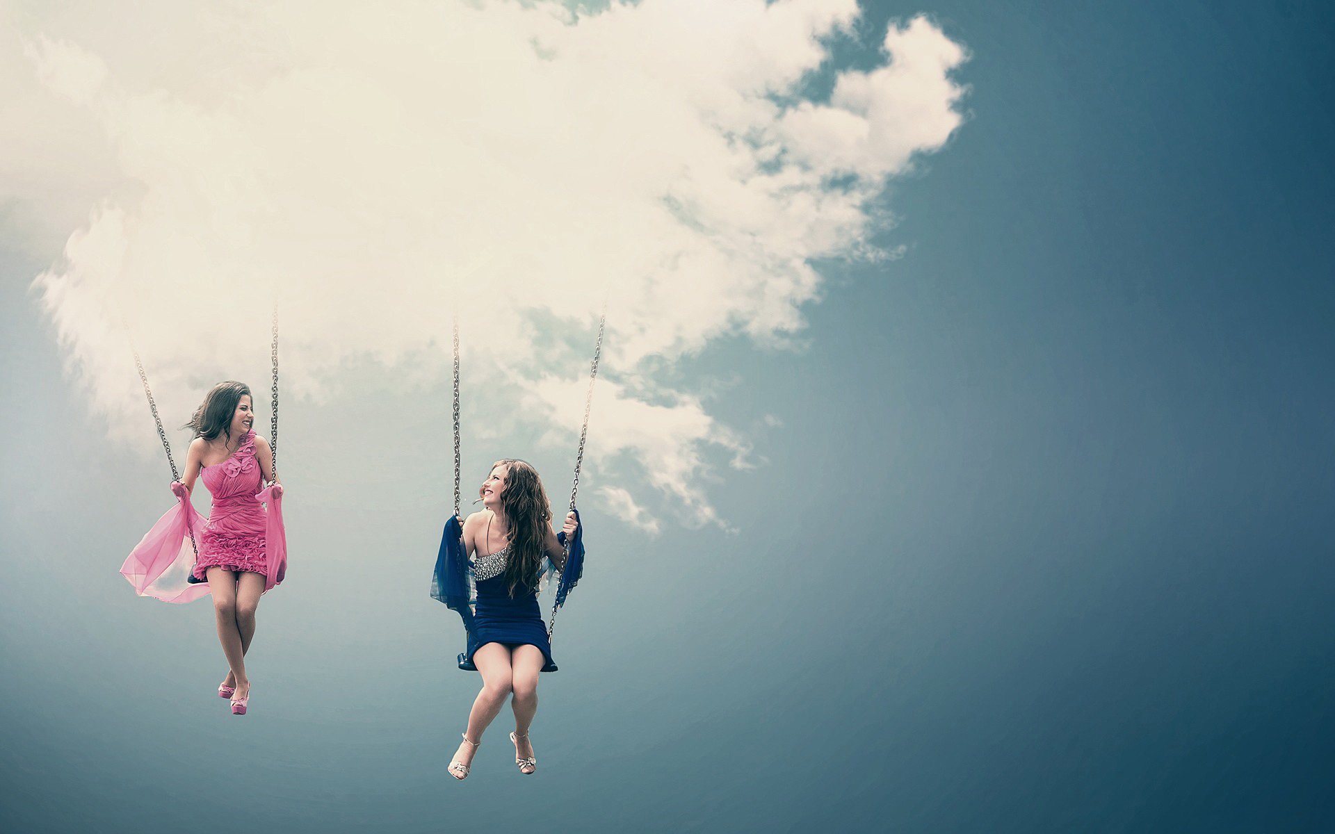 girls dress sky clouds swing circuit happiness laughter fun