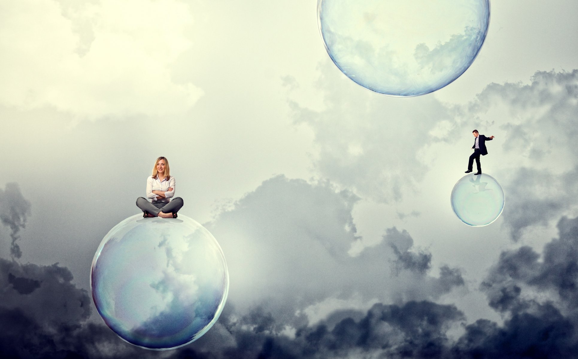 girl blonde guy smile bubbles sky cloud