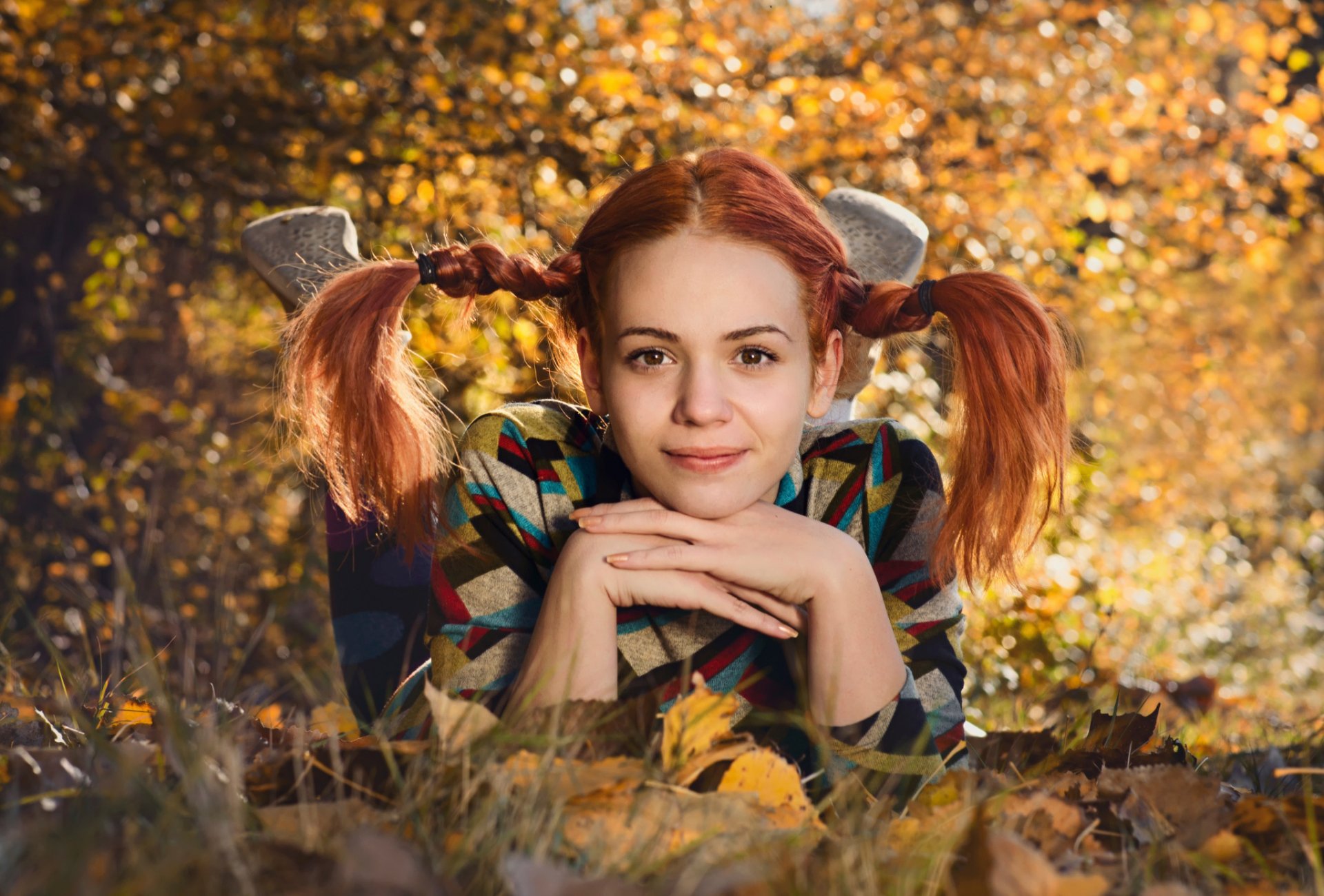 pigtails portrait autumn smile girl