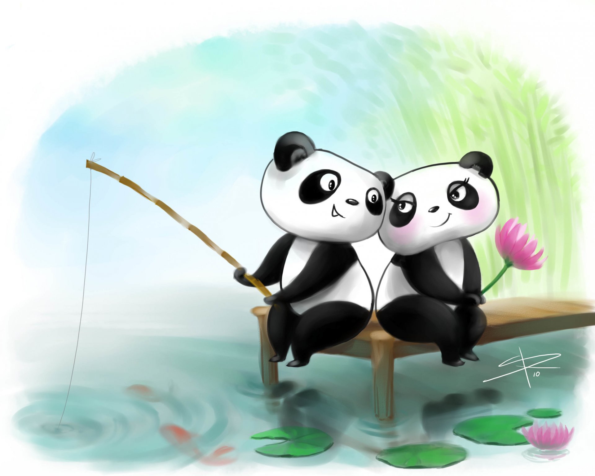 figura pandas dos amor pesca caña de pescar loto vergüenza