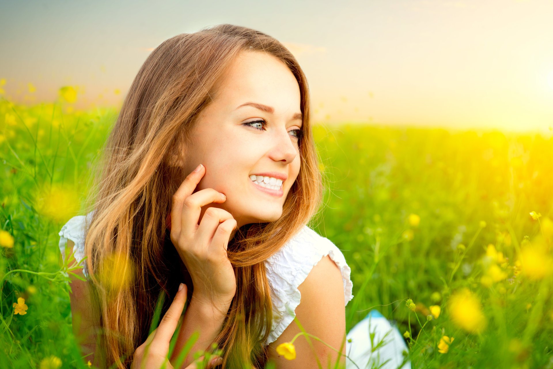 girl is smile white sundress flower grass sunlight happine