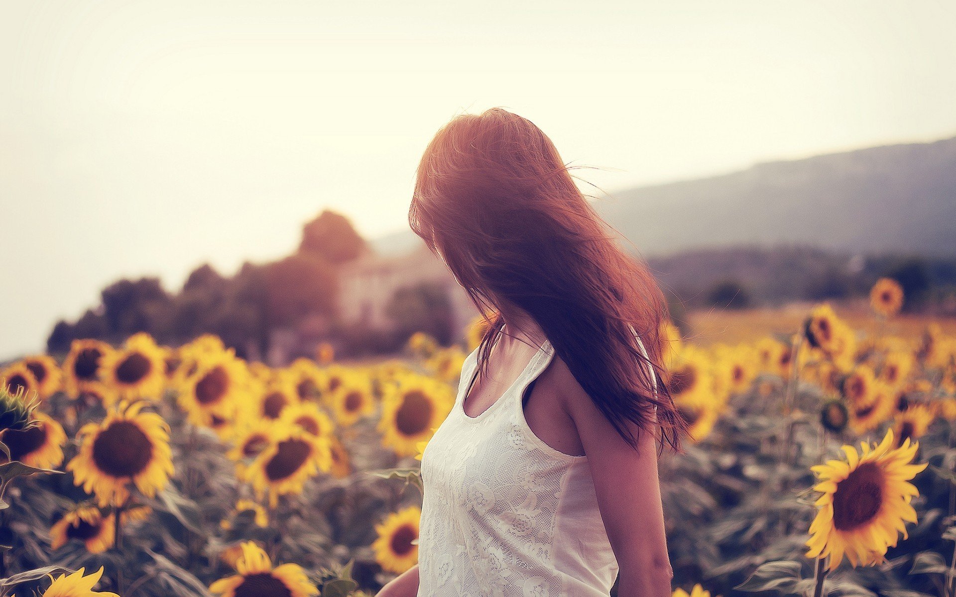 chica pose campo girasoles